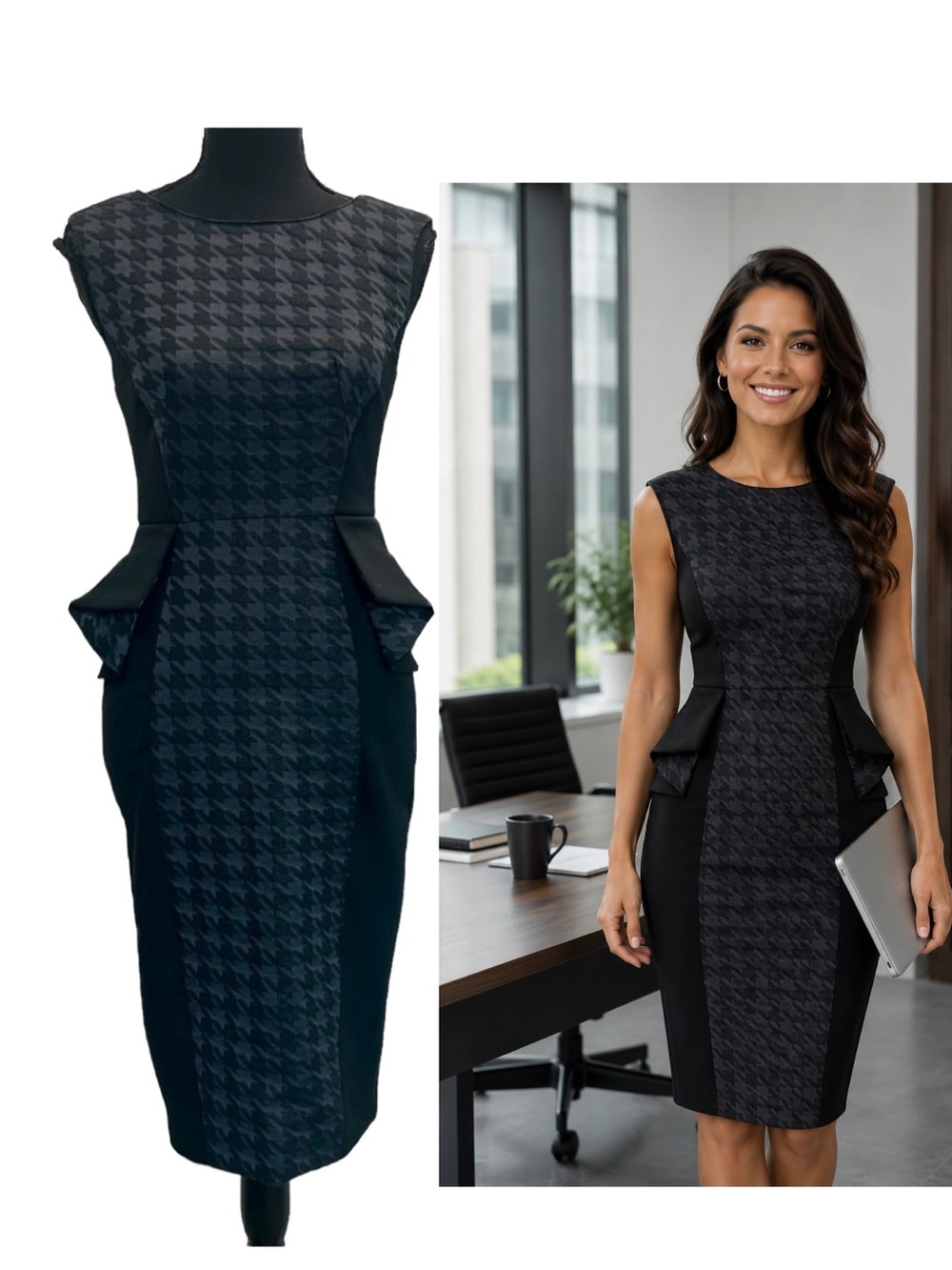 Atmosphere black blue houndstooth peplum bodycon Dress Sz 4